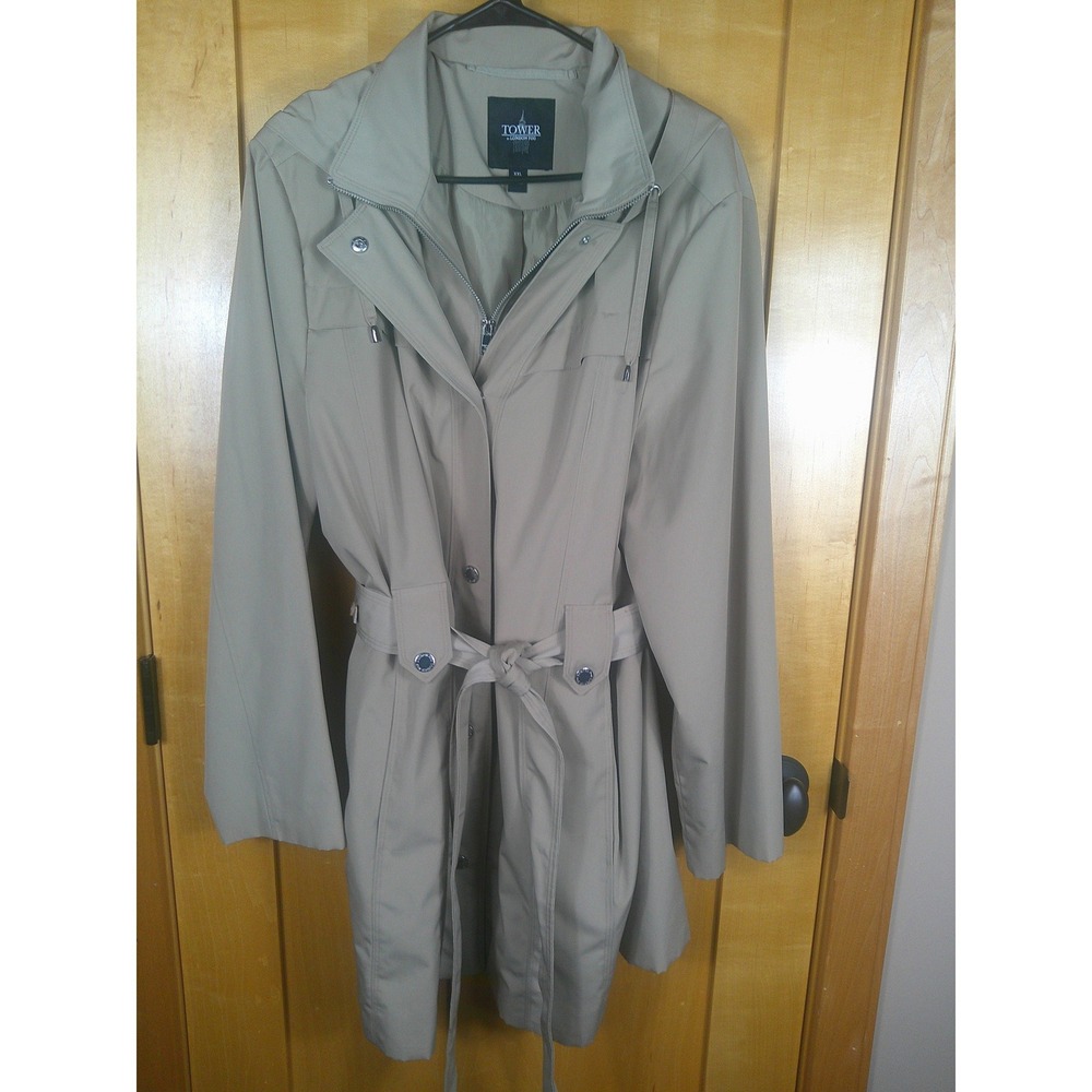 Tower by London Fog Women XXL Khaki Tan Trench Coat Belted Zip Front Lightweight